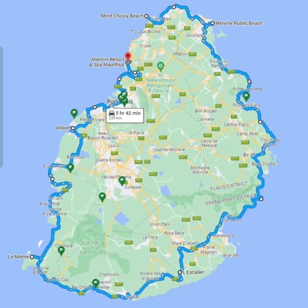 Map of the Mauritius coastal loop cycling route around the island